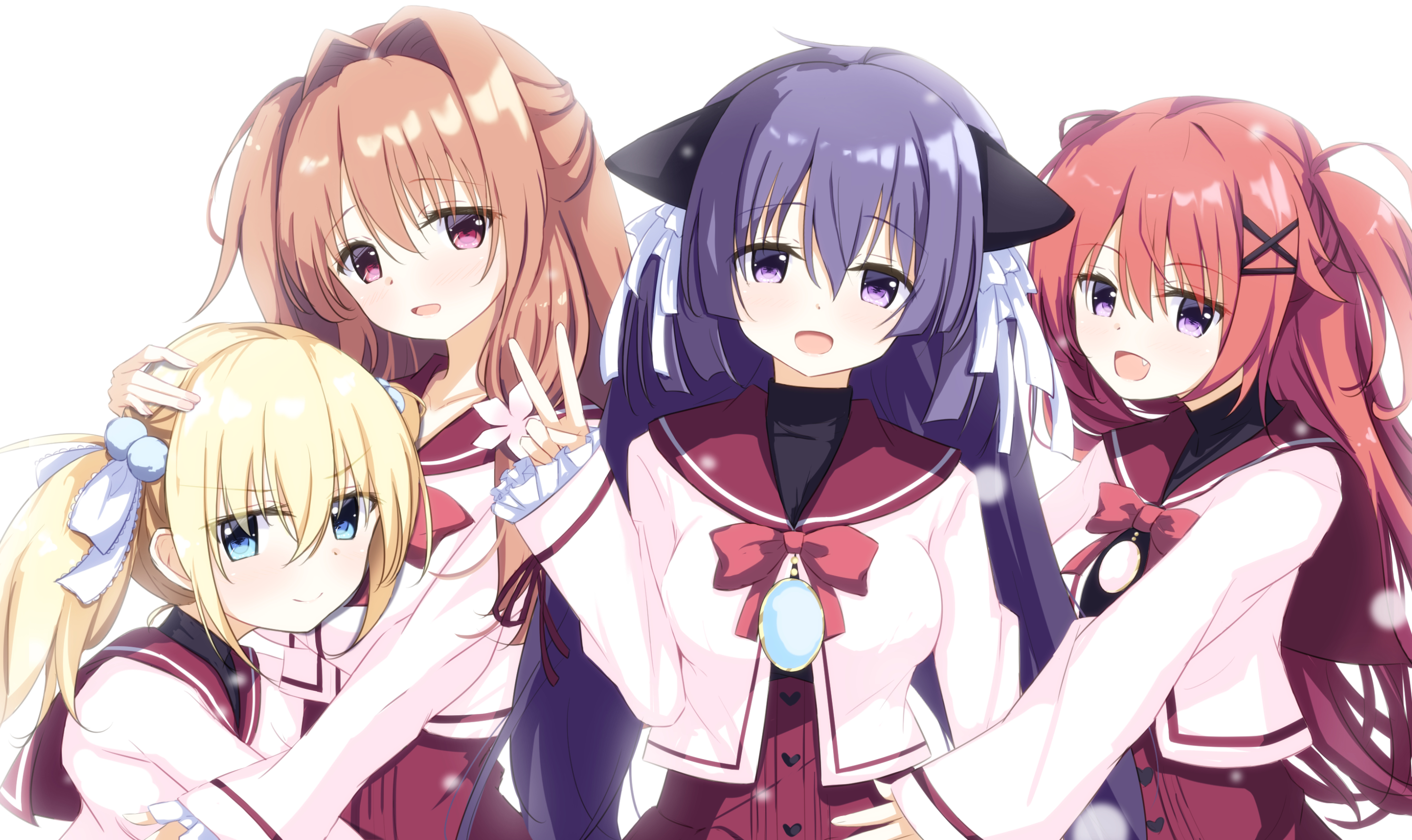 kisuish, himeguri taruhi, reppuuji kanon, unazuki shizuri, yuki koi melt, commentary request, highres, revision, >:), 4girls, :d, animal ears, blonde hair, blue eyes, blush, bow, bowtie, brown hair, buttons, closed mouth, fang, frilled sleeves, frills, hair intakes, hair ornament, hair ribbon, hairclip, hand on another's head, hand up, happy, heart button, hug, long hair, looking at viewer, multiple girls, open mouth, pom pom (clothes), pom pom hair ornament, purple eyes, purple hair, red bow, red bowtie, red eyes, red hair, red sailor collar, ribbon, sailor collar, school uniform, serafuku, shirt, sleeves past wrists, smile, smug, snowing, sun, tsukumo yuki (yuki koi melt), twintails, two side up, upper body, v, v-shaped eyebrows, very long hair, white ribbon, white shirt, wide sleeves, x hair ornament