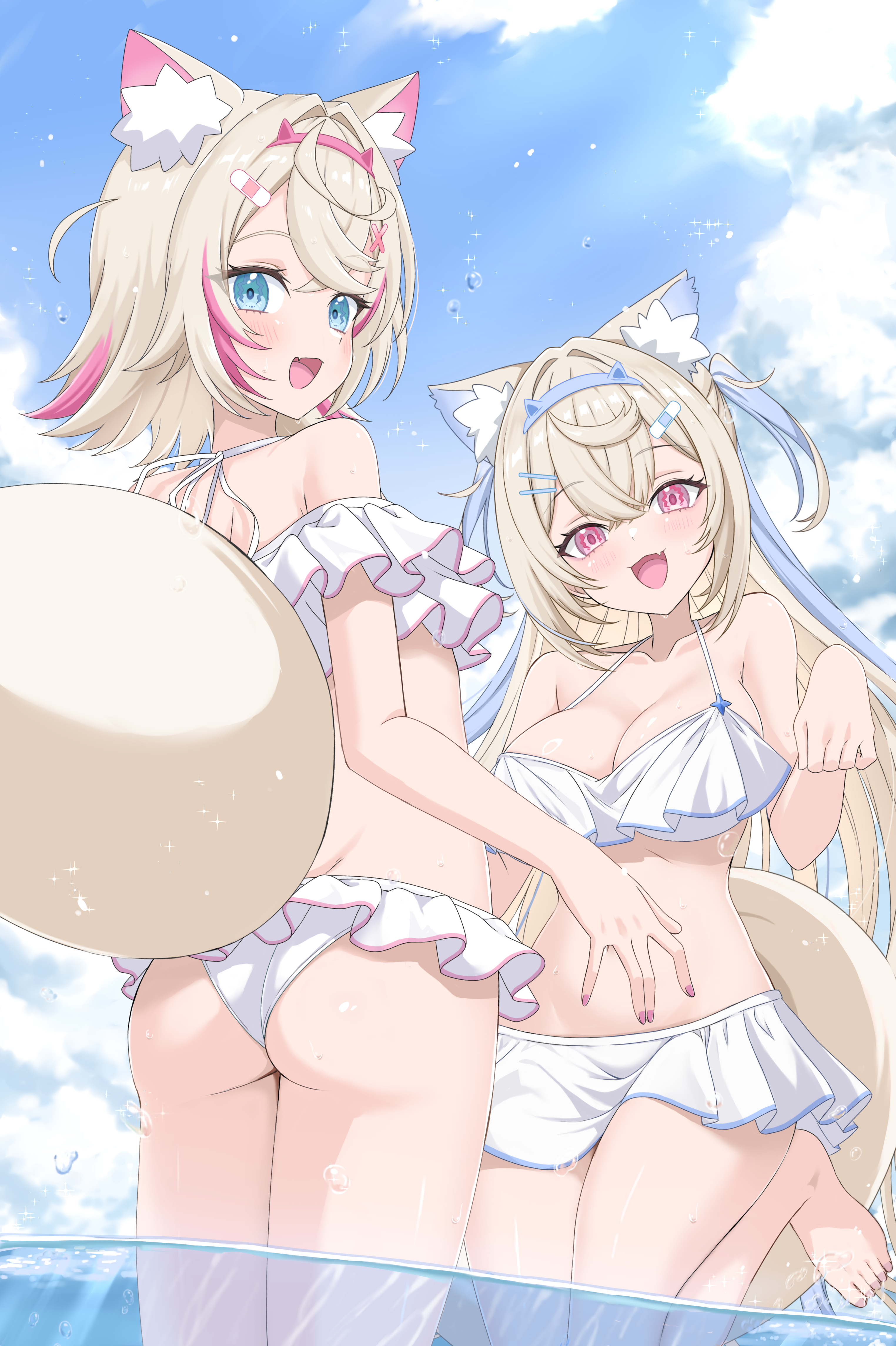 paradox (hatto air), fuwawa abyssgard, mococo abyssgard, hololive, hololive english, absurdres, highres, animal ear fluff, animal ears, ass, bare arms, bare shoulders, bikini, blonde hair, blue eyes, blue hair, blush, breasts, cleavage, collarbone, dog ears, dog girl, dog tail, frilled bikini, frills, hair ornament, horn hairband, large breasts, long hair, looking at viewer, looking back, multicolored hair, open mouth, pink eyes, pink hair, pink nails, short hair, siblings, sisters, smile, stomach, swimsuit, tail, twins, virtual youtuber, wet, white bikini, x hair ornament