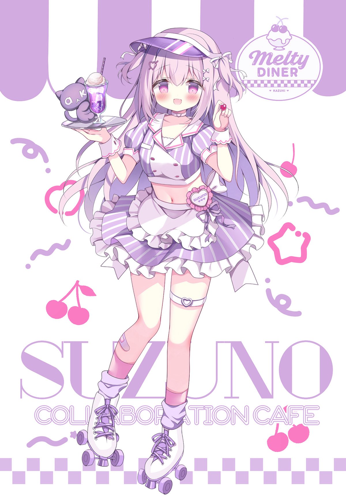 azumi kazuki, original, commentary request, highres, 1girl, :d, apron, blush, bow, breasts, cherry, choker, collarbone, crop top, drinking straw, food, frilled apron, frilled skirt, frills, fruit, full body, hair between eyes, hair bow, hair ornament, hair ribbon, heart, heart hair ornament, holding, holding food, holding tray, ice cream, ice cream float, long hair, looking at viewer, medium breasts, midriff, navel, open mouth, puffy short sleeves, puffy sleeves, purple eyes, purple hair, purple skirt, purple socks, ribbon, roller skates, shirt, shoes, short sleeves, skates, skirt, smile, socks, solo, standing, standing on one leg, striped clothes, striped shirt, striped skirt, stuffed animal, stuffed cat, stuffed toy, tray, two side up, vertical-striped clothes, vertical-striped shirt, vertical-striped skirt, very long hair, visor cap, waist apron, white apron, white bow, white choker, white ribbon, white shoes, wrist cuffs