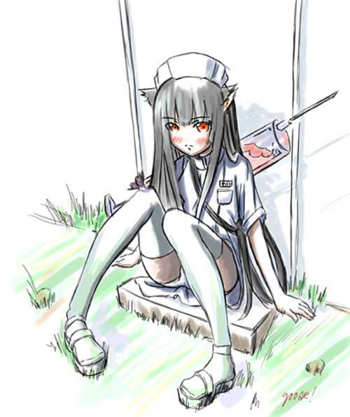 enma ai, jigoku shoujo, 00s, animal ears, black hair, cat ears, nurse, panties, red eyes, thighhighs, underwear