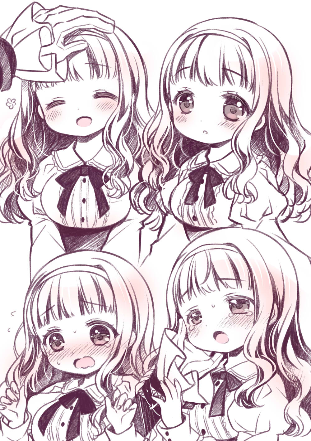 sakurazawa izumi, koucha shinshi, kusunoki midori, higanbana no saku yoru ni, commentary request, highres, 1boy, 1girl, :d, ^ ^, blush, bow, breasts, closed eyes, collared shirt, dress shirt, flying sweatdrops, frilled sleeves, frills, gloves, hairband, headpat, high-waist skirt, long sleeves, medium breasts, monochrome, multiple views, nose blush, open mouth, parted lips, shirt, skirt, sleeves past wrists, smile, sweat, wavy mouth, white background