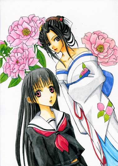 enma ai, hone onna, jigoku shoujo, 00s, black hair, japanese clothes, kimono, red eyes, school uniform, serafuku