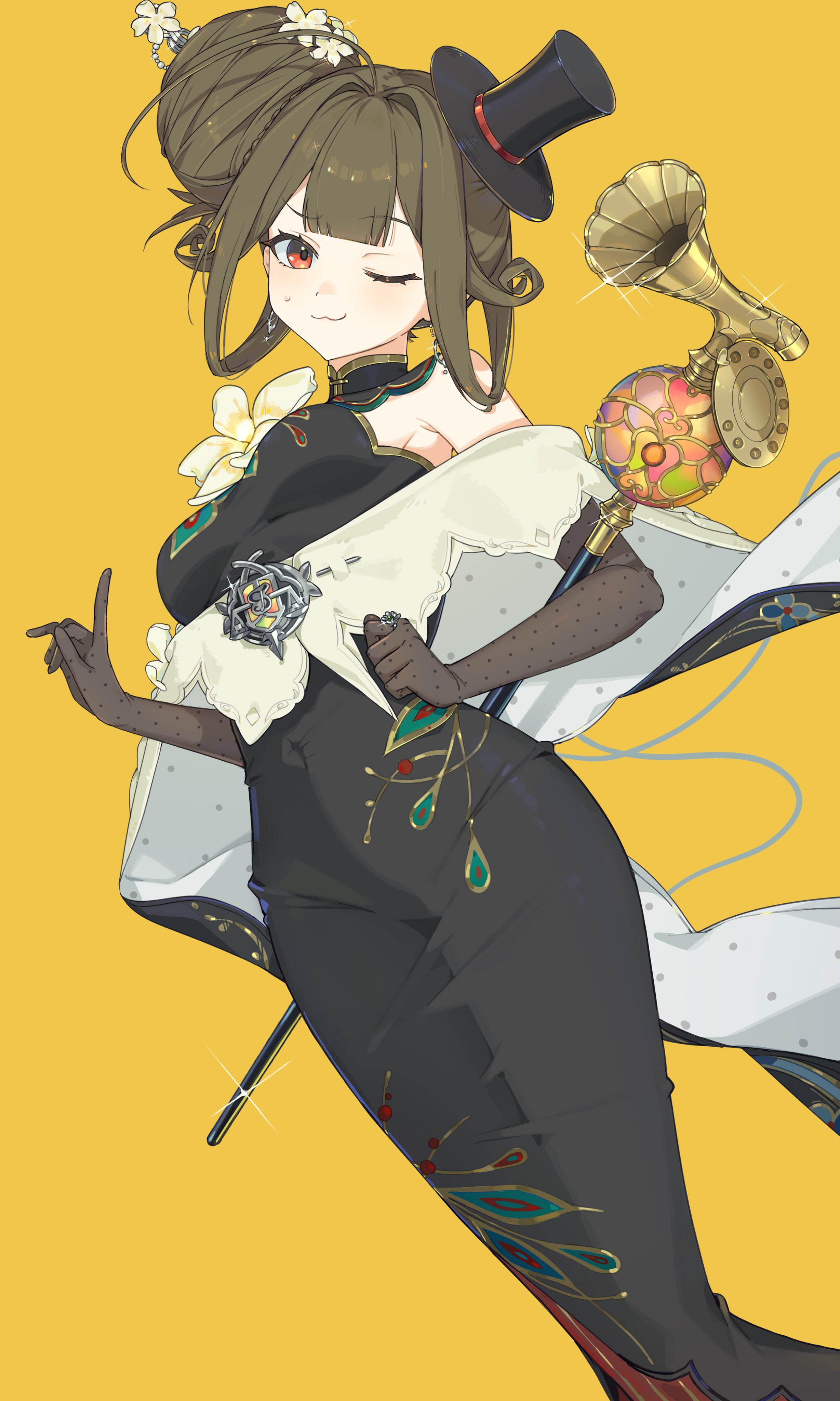 awe (adorableduckyy), xinyue tongxing, absurdres, highres, 1girl, ;3, black dress, black gloves, black hair, black hat, breasts, cane, clenched hand, cowboy shot, dress, elbow gloves, flower, gloves, hair bun, hair flower, hair ornament, hat, hobble dress, holding, holding cane, index finger raised, liqing (xinyue tongxing), long dress, medium breasts, mini hat, mini top hat, one eye closed, red eyes, shawl, short hair, single side bun, sleeveless, sleeveless dress, solo, sweat, tilted headwear, top hat, white flower, white shawl, yellow background