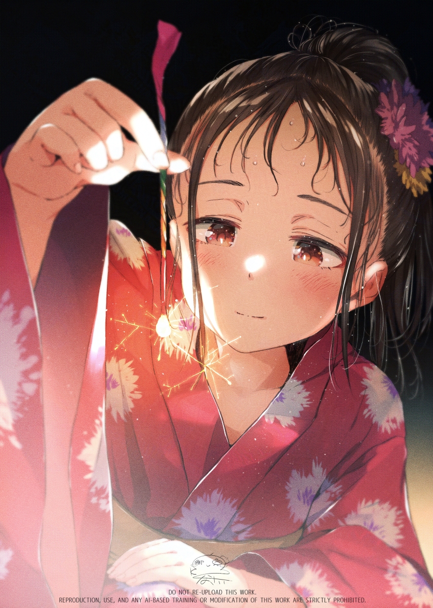 gomennasai, original, commentary request, highres, 1girl, black background, black hair, blurry, blurry foreground, closed mouth, depth of field, fireworks, floral print, flower, forehead, hair flower, hair ornament, hand up, holding, holding fireworks, japanese clothes, kimono, long sleeves, pink flower, ponytail, print kimono, red eyes, red kimono, senkou hanabi, signature, smile, solo, sparkler, sweat, thick eyebrows, watermark, wide sleeves