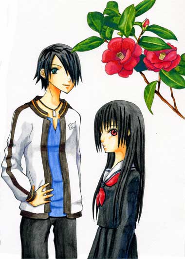 enma ai, ichimoku ren, jigoku shoujo, 00s, black hair, green eyes, red eyes, school uniform, serafuku