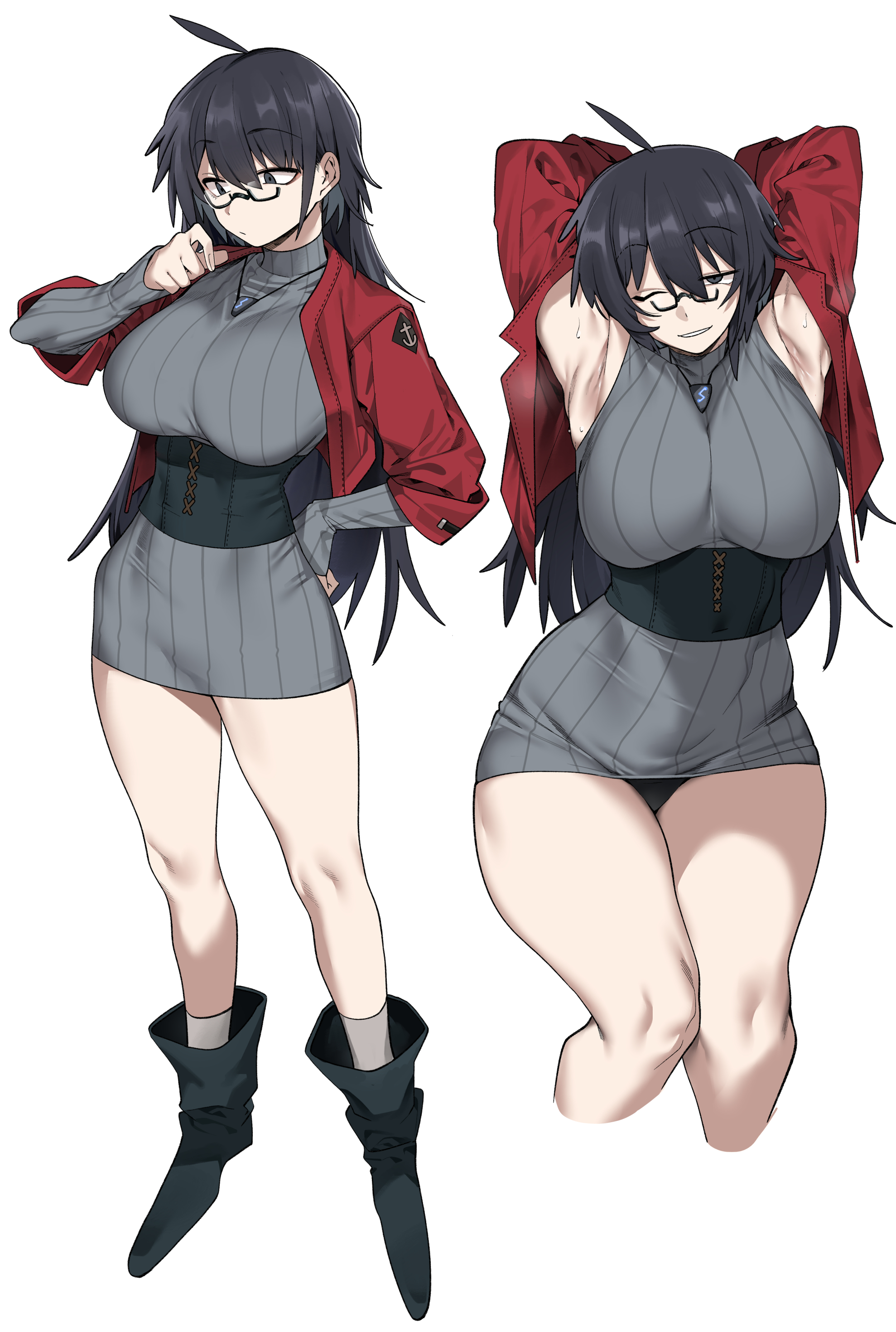 urec, original, absurdres, character request, highres, tagme, 1girl, armpits, bare legs, black hair, breasts, glasses, jacket, jewelry, large breasts, long hair, open clothes, open jacket, pendant, shoes, simple background, smirk, solo, sweat, sweater, white background