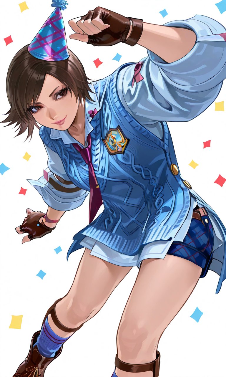 sr dewitt1999, kazama asuka, tekken, tekken 8, commentary, english commentary, highres, 1girl, birthday, blue shorts, blue sweater vest, brown eyes, brown gloves, brown hair, closed mouth, confetti, fingerless gloves, gloves, hat, long sleeves, necktie, party hat, red necktie, shirt, short hair, shorts, smile, solo, sweater vest, white shirt