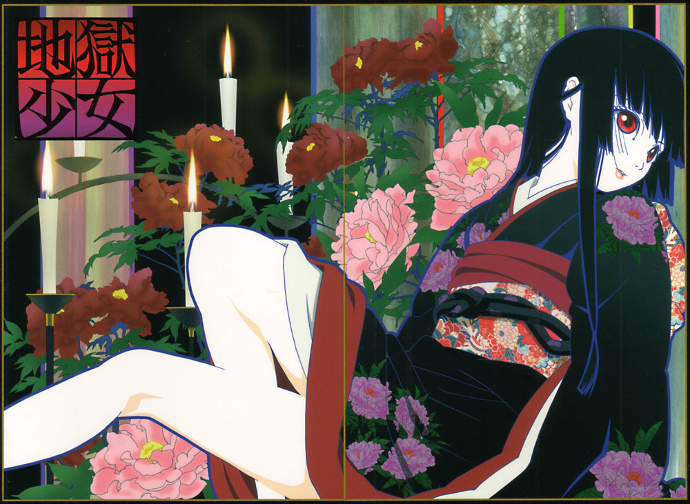 enma ai, jigoku shoujo, official art, 00s, 1girl, black hair, female focus, japanese clothes, kimono, red eyes, solo