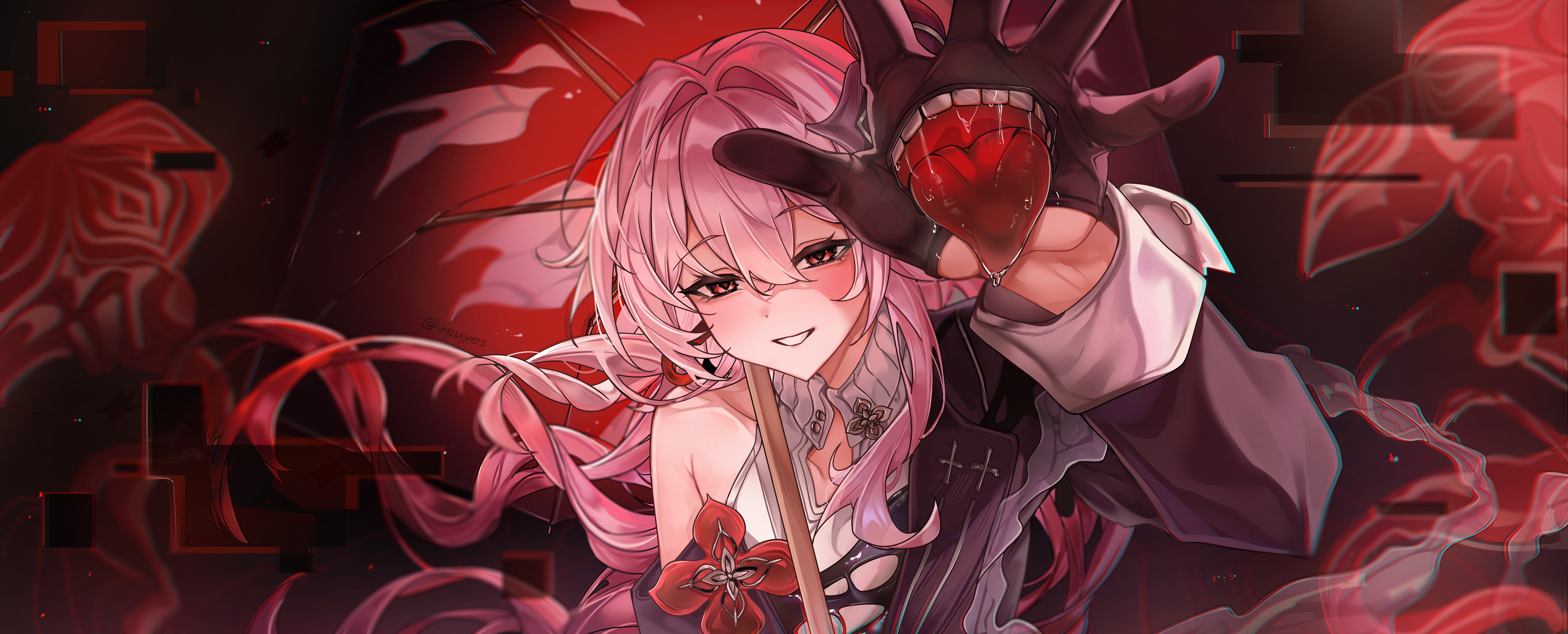 yeuyes, evernight (honkai: star rail), march 7th (honkai: star rail), honkai: star rail, honkai (series), absurdres, commentary request, highres, 1girl, black background, black dress, black flower, black gloves, clothing cutout, collared dress, dress, earrings, empty eyes, floating hair, floral background, flower, flower ornament, glitch, gloves, hair between eyes, hair flower, hair ornament, hand up, holding, holding umbrella, jewelry, lapels, long hair, long sleeves, looking at viewer, low twintails, official alternate costume, official alternate hairstyle, pink hair, red eyes, red flower, shoulder cutout, sidelocks, single bare shoulder, single earring, smile, solo, teeth, tongue, tongue out, twintails, two-tone dress, umbrella, upper body, wavy hair, white dress