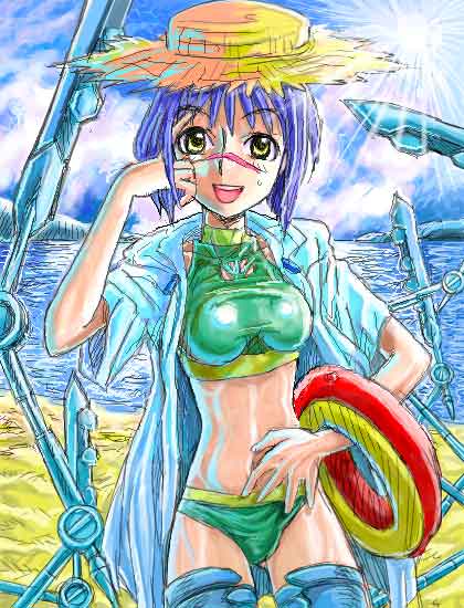 mitsurou, tsumura tokiko, busou renkin, 00s, blue hair, scar, swimsuit, valkyrie skirt, yellow eyes
