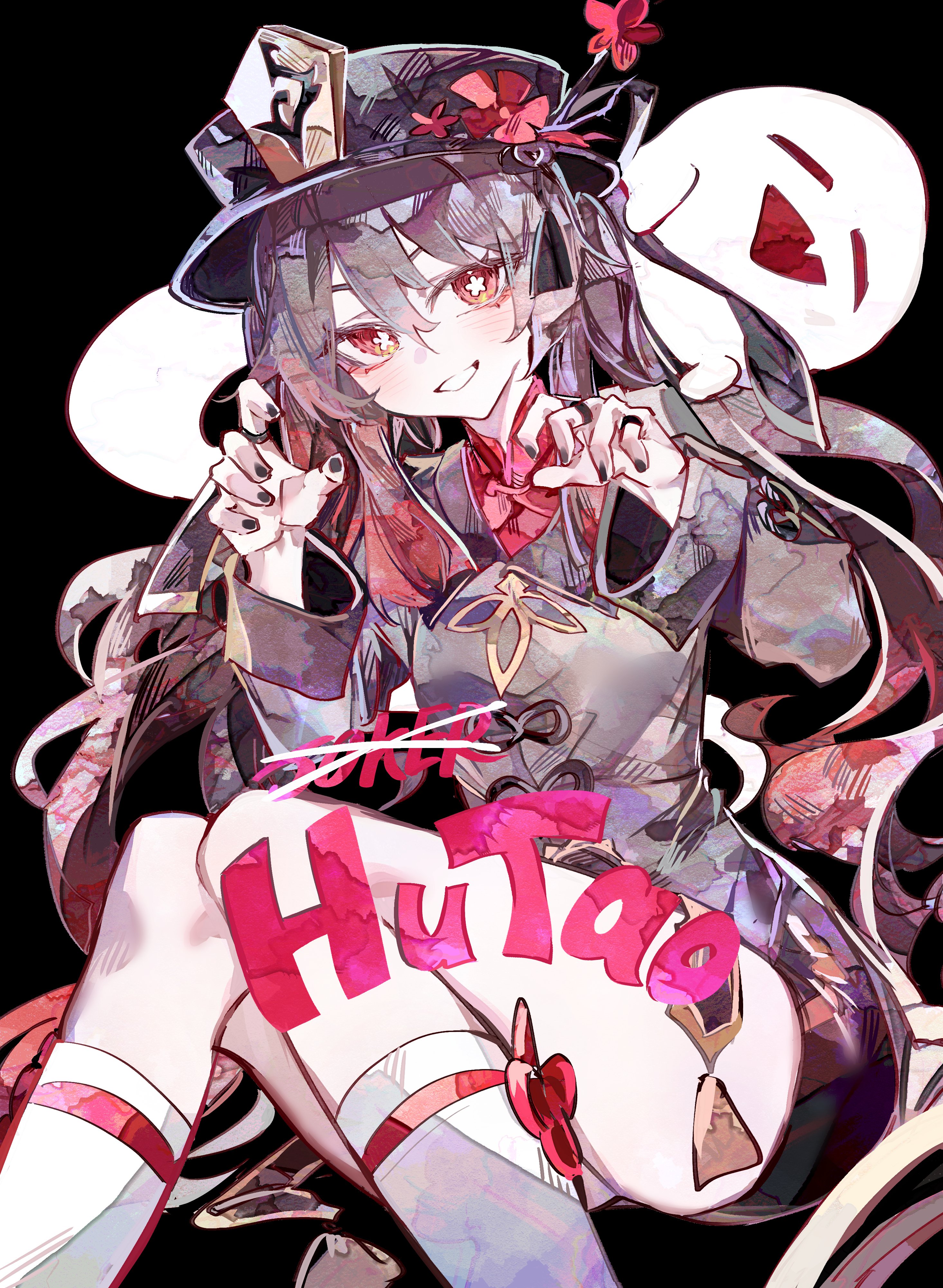 cocoballking, boo tao (genshin impact), hu tao (genshin impact), genshin impact, absurdres, highres, 1girl, black background, black hat, black nails, black shorts, brown hair, chinese clothes, flower, flower-shaped pupils, ghost, ghost pose, hat, hat flower, hat tassel, jewelry, looking at viewer, multiple rings, parted lips, plum blossoms, porkpie hat, ring, shorts, simple background, smile, socks, solo, symbol-shaped pupils, thighhighs, twintails, white socks