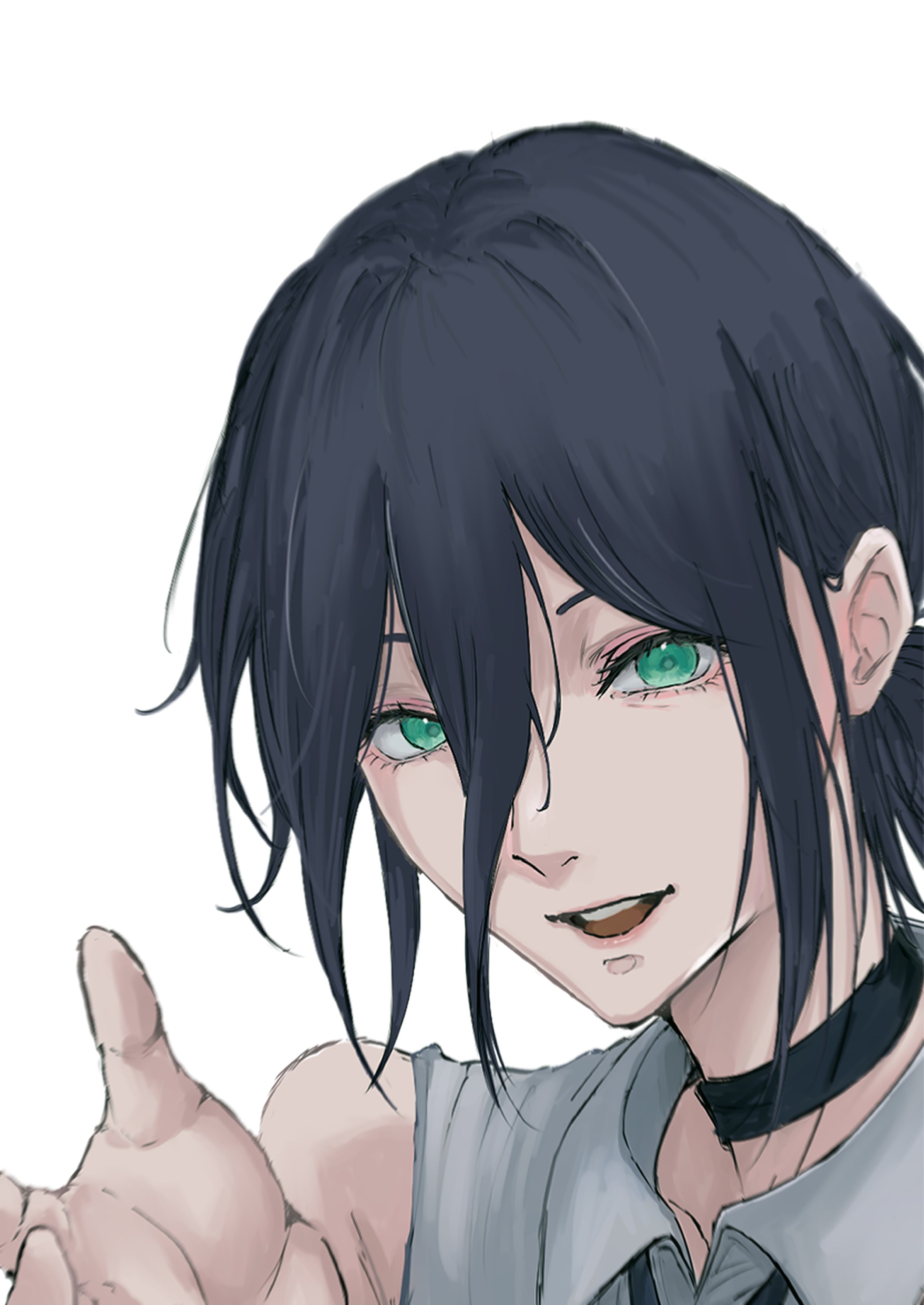 nabe92213, reze (chainsaw man), chainsaw man, absurdres, highres, 1girl, black choker, black hair, choker, collared shirt, green eyes, grey shirt, hair between eyes, hair bun, hand up, looking at viewer, open mouth, shirt, simple background, sleeveless, sleeveless shirt, solo, teeth, white background