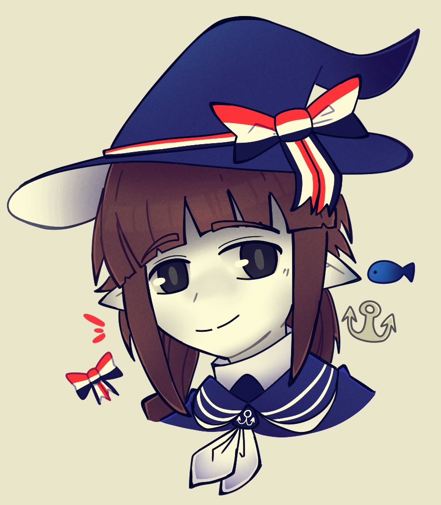 wadanohara, funamusea, oounabara to wadanohara, 488tk, anchor, blue sailor collar, bow, brown hair, fish, grey eyes, hat, head only, pointy ears, ribbon, sailor collar, split mouth, striped bow, striped ribbon, turtleneck, witch hat
