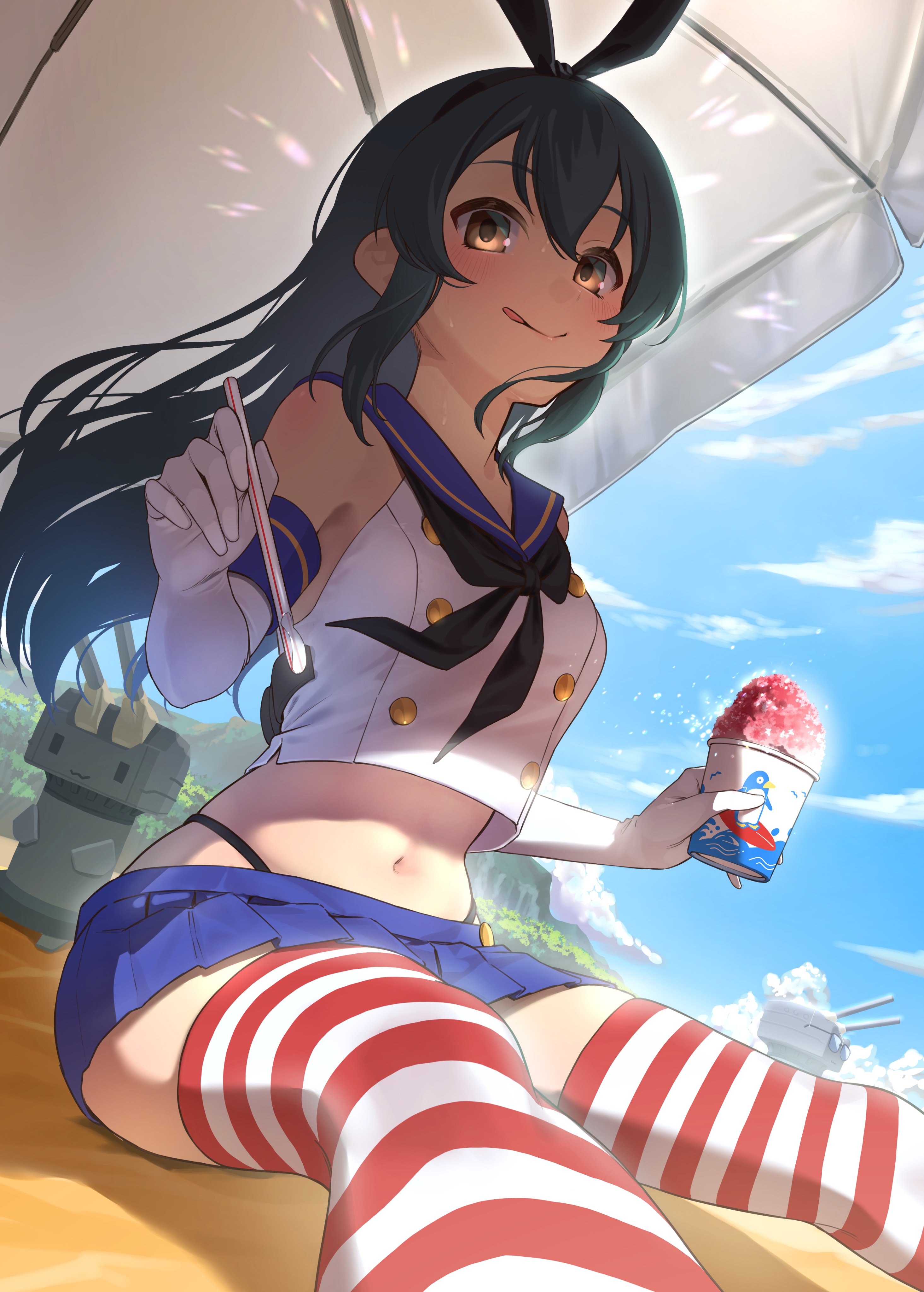 kaiso (kaisooekaki), ohishi izumi, rensouhou-chan, shimakaze (kancolle), idolmaster, idolmaster cinderella girls, kantai collection, absurdres, commission, highres, skeb commission, 1girl, animal ears, beach, beach umbrella, black neckerchief, blue sailor collar, blue skirt, cosplay, elbow gloves, food, gloves, green hair, kneehighs, licking, long hair, microskirt, navel, neckerchief, off shoulder, orange eyes, pleated skirt, rabbit ears, sailor collar, school uniform, serafuku, shaved ice, shimakaze (kancolle) (cosplay), skirt, sleeveless, socks, solo, striped clothes, striped socks, tongue, tongue out, umbrella, white gloves, white serafuku