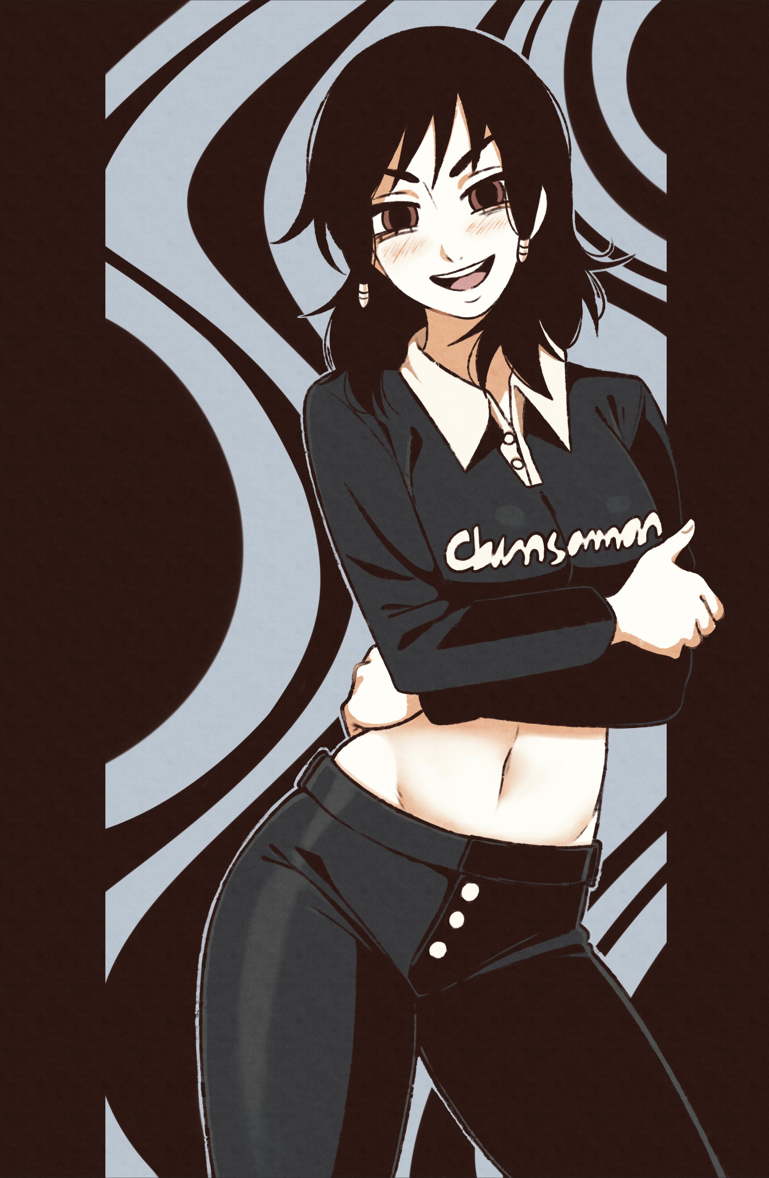 jeff miga, mifune fumiko, chainsaw man, absurdres, commentary, highres, 1girl, black hair, black pants, black shirt, brown eyes, light blush, looking at viewer, low-tied sidelocks, medium hair, navel, open mouth, pants, shirt, sidelocks, solo