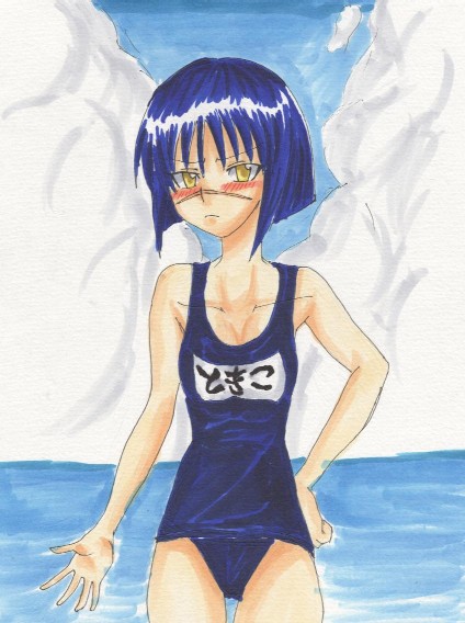 tsumura tokiko, busou renkin, 00s, blue hair, blush, scar, swimsuit, yellow eyes