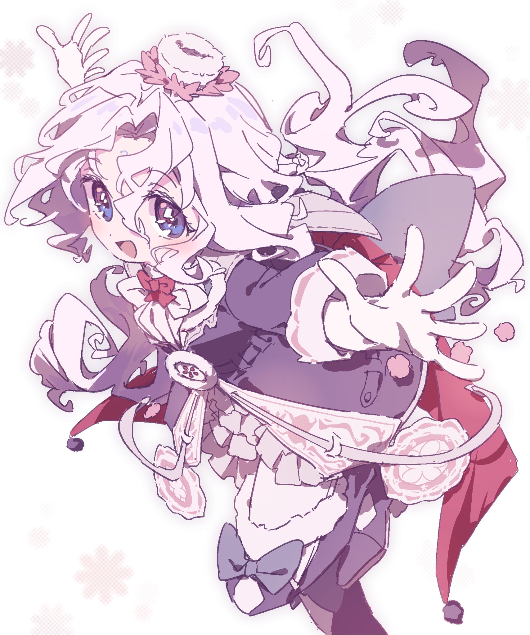 boro (tn-boro), mahou shoujo ikusei keikaku, highres, 1girl, blue eyes, blush, bow, bowtie, forest musician cranberry gaiden: magical girl raising project unripe duet, frilled skirt, frills, fur hat, hat, long hair, magical girl, miiya octave, open mouth, red bow, red bowtie, skirt, smile, thighhighs, white hair