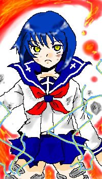 tsumura tokiko, busou renkin, lowres, 00s, blue hair, scar, school uniform, serafuku, valkyrie skirt, yellow eyes