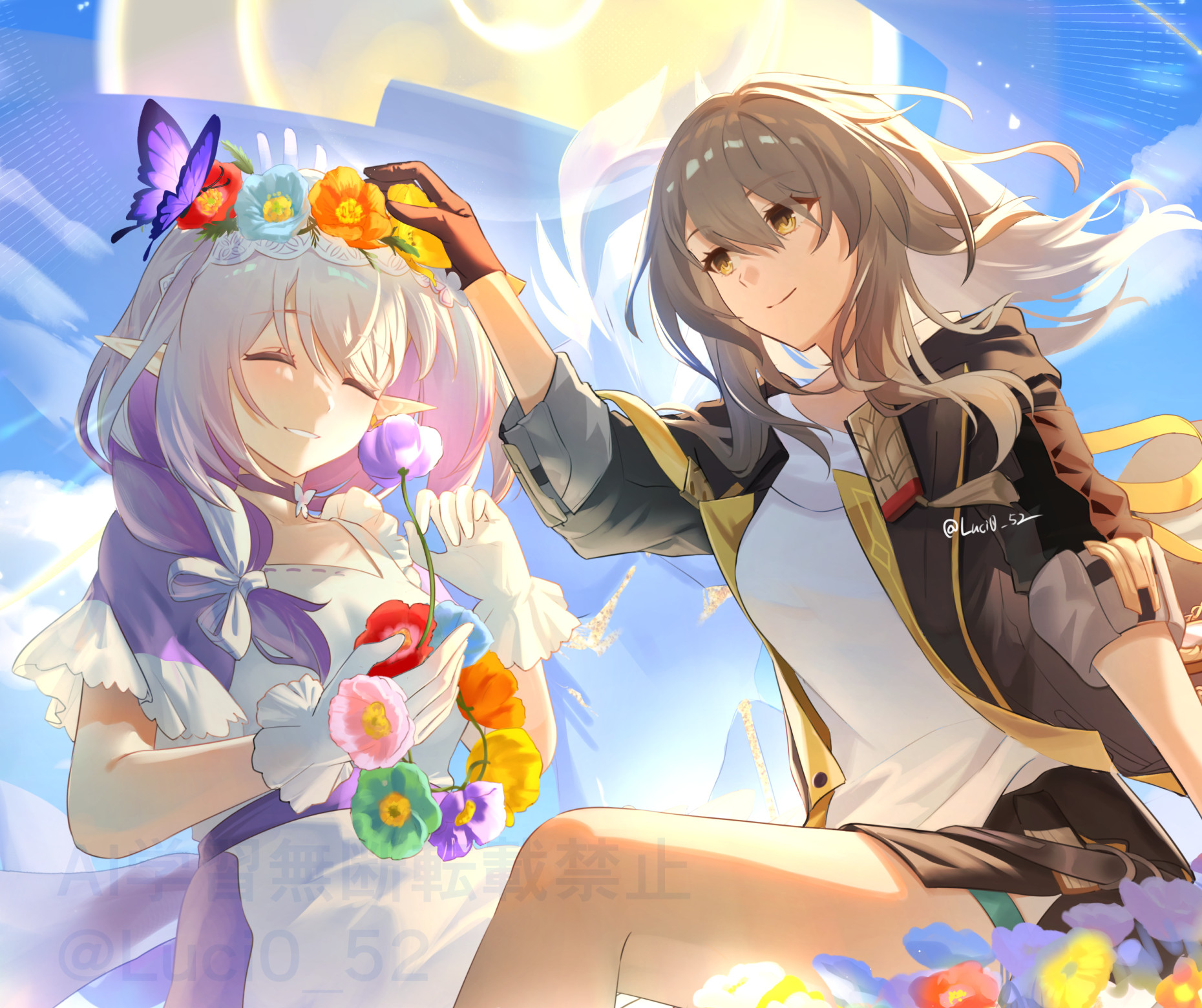 lucio (luci0 52), castorice (honkai: star rail), stelle (honkai: star rail), trailblazer (honkai: star rail), honkai: star rail, honkai (series), commentary request, highres, 2girls, artist name, belt, black gloves, black jacket, black skirt, blue flower, blue sky, bow, breasts, bug, butterfly, butterfly choker, choker, closed eyes, closed mouth, cloud, cloudy sky, day, dress, floating hair, flower, gloves, gradient hair, green flower, grey hair, hair between eyes, hair bow, hand on another's head, hand up, hands up, head wreath, holding, holding head wreath, insect, jacket, lapels, long hair, long sleeves, looking at viewer, low-tied long hair, low ponytail, medium breasts, multicolored hair, multiple girls, open clothes, open jacket, orange flower, outdoors, petting, pointy ears, ponytail, purple belt, purple butterfly, purple choker, purple dress, purple flower, purple hair, red flower, shirt, short sleeves, sidelocks, sitting, skirt, sky, smile, t-shirt, teeth, thigh strap, two-tone dress, white bow, white dress, white gloves, white hair, white shirt, yellow eyes, yellow flower