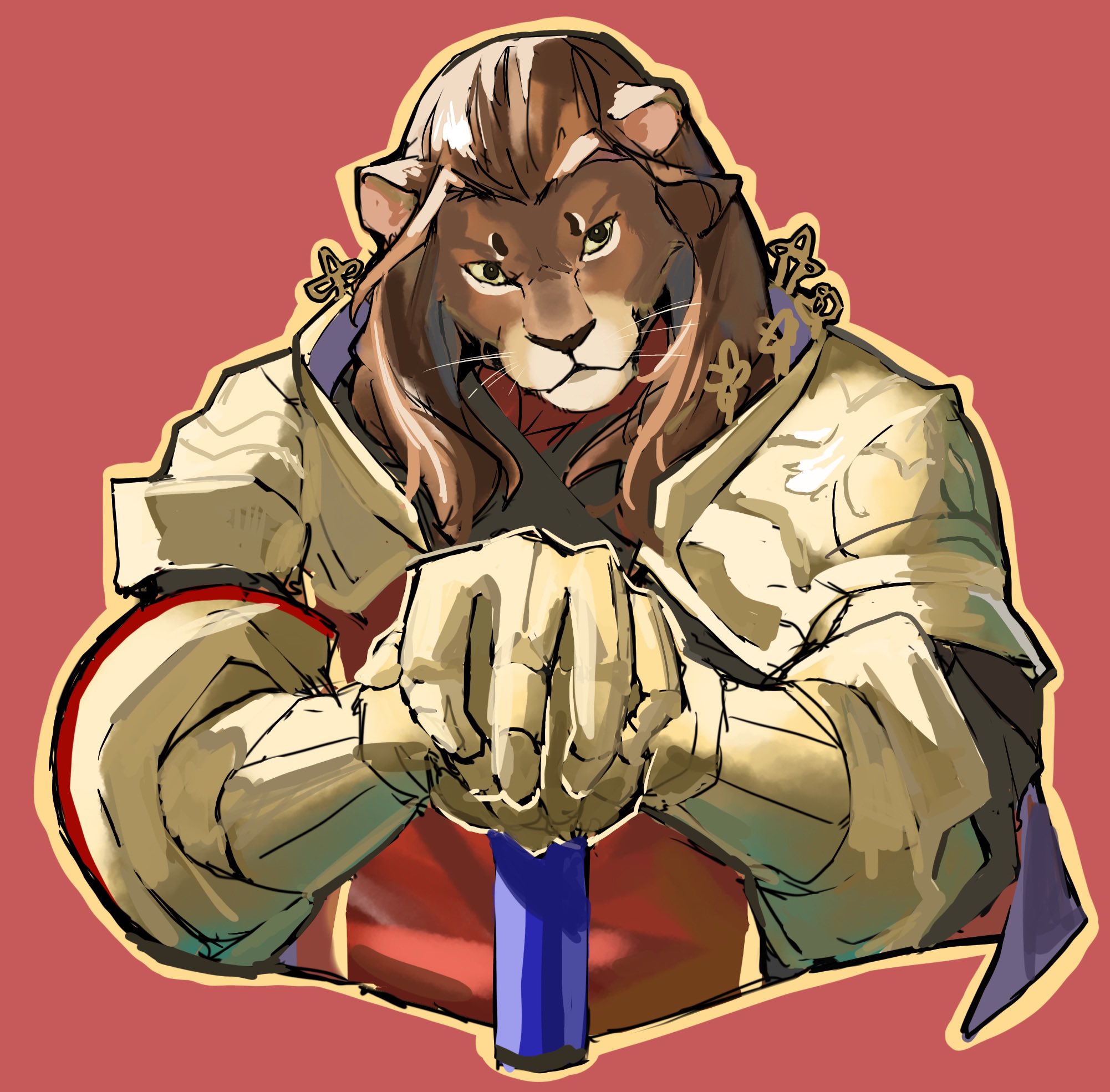 king lackland (grimms notes), grimms notes, 1boy, armor, cropped torso, ikaru42329, lion boy, looking at viewer, male focus, red background, simple background, solo, upper body