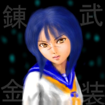 tsumura tokiko, busou renkin, lowres, 00s, blue hair, scar, school uniform, serafuku, yellow eyes