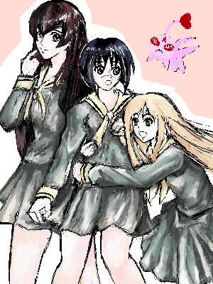 mutou mahiro, tsumura tokiko, busou renkin, lowres, 00s, black hair, blue hair, brown hair, scar, school uniform, serafuku