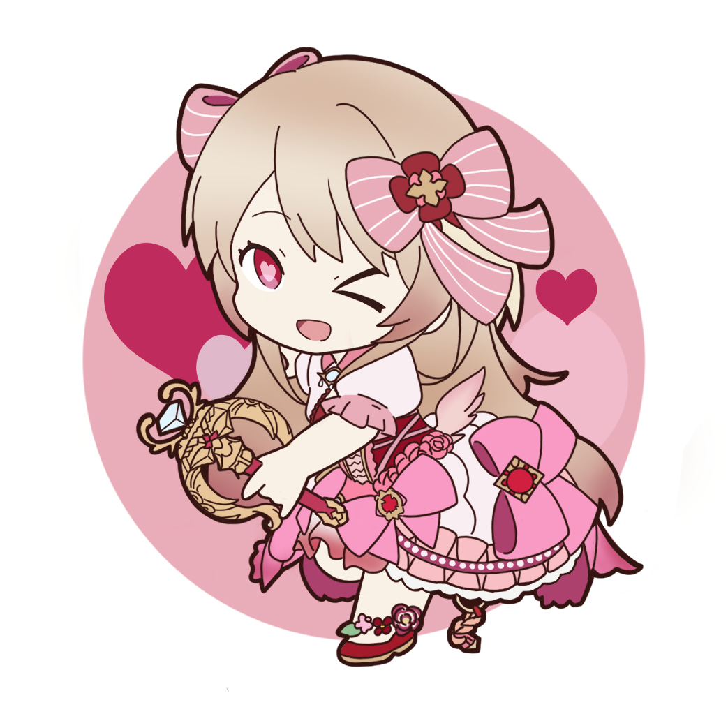 nyaru (nyaru 4126), chaos marie (grimms notes), grimms notes, bad id, bad pixiv id, 1girl, chibi, chibi only, full body, holding, holding wand, one eye closed, solo, wand