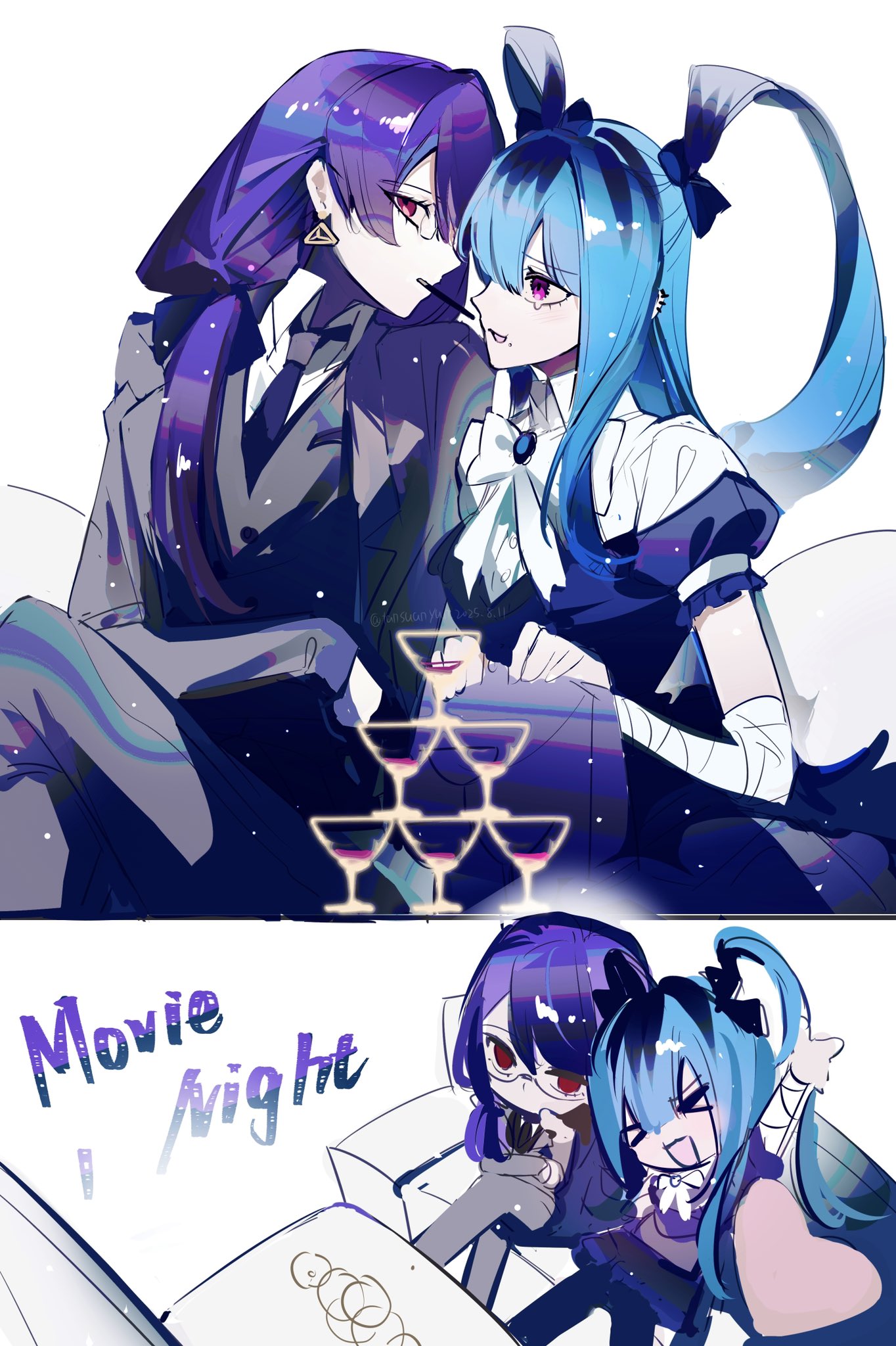 tansuan yun, amemiya darumi, shizuhara hiruko, the hundred line -last defense academy-, 2girls, alternate costume, arms up, bandaged arm, bandages, black bow, black hair, blue hair, bow, chibi, closed eyes, couch, cup, drinking glass, ear piercing, earrings, formal clothes, glasses, heart, jewelry, long hair, looking at another, multicolored hair, multiple girls, multiple views, piercing, pink eyes, purple hair, red eyes, sitting, suit, twintails, wine glass, yuri