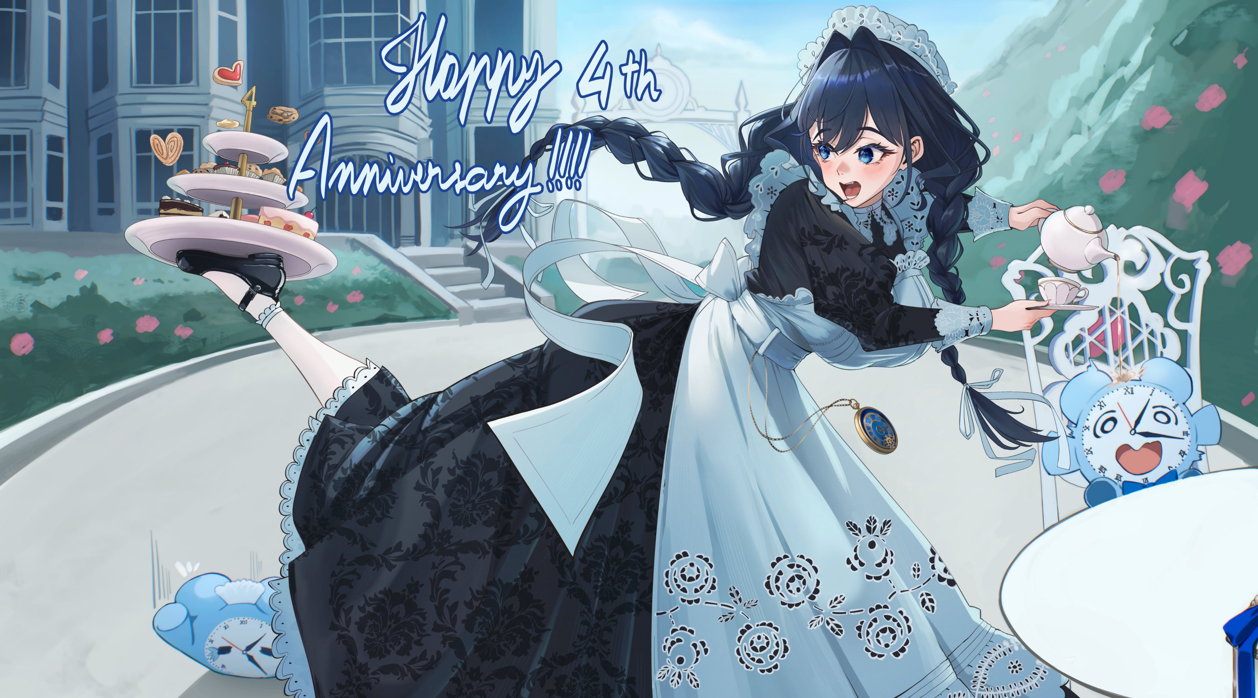 eipanguino, kronie (ouro kronii), ouro kronii, ouro kronii (maid), hololive, hololive english, absurdres, commentary, english commentary, highres, 1girl, anniversary, apron, black dress, black hair, blue eyes, building, bush, cake, cake slice, chair, cookie, cup, day, dress, food, hair intakes, hair ribbon, hat, holding, holding saucer, holding teapot, long hair, low twintails, maid, maid apron, mansion, mary janes, mob cap, official alternate costume, official alternate hairstyle, outdoors, pantyhose, pocket watch, ribbon, saucer, shoes, sitting, spilling, standing, standing on one leg, strawberry shortcake, table, teacup, teapot, tiered tray, twintails, virtual youtuber, watch, white apron, white pantyhose, white ribbon