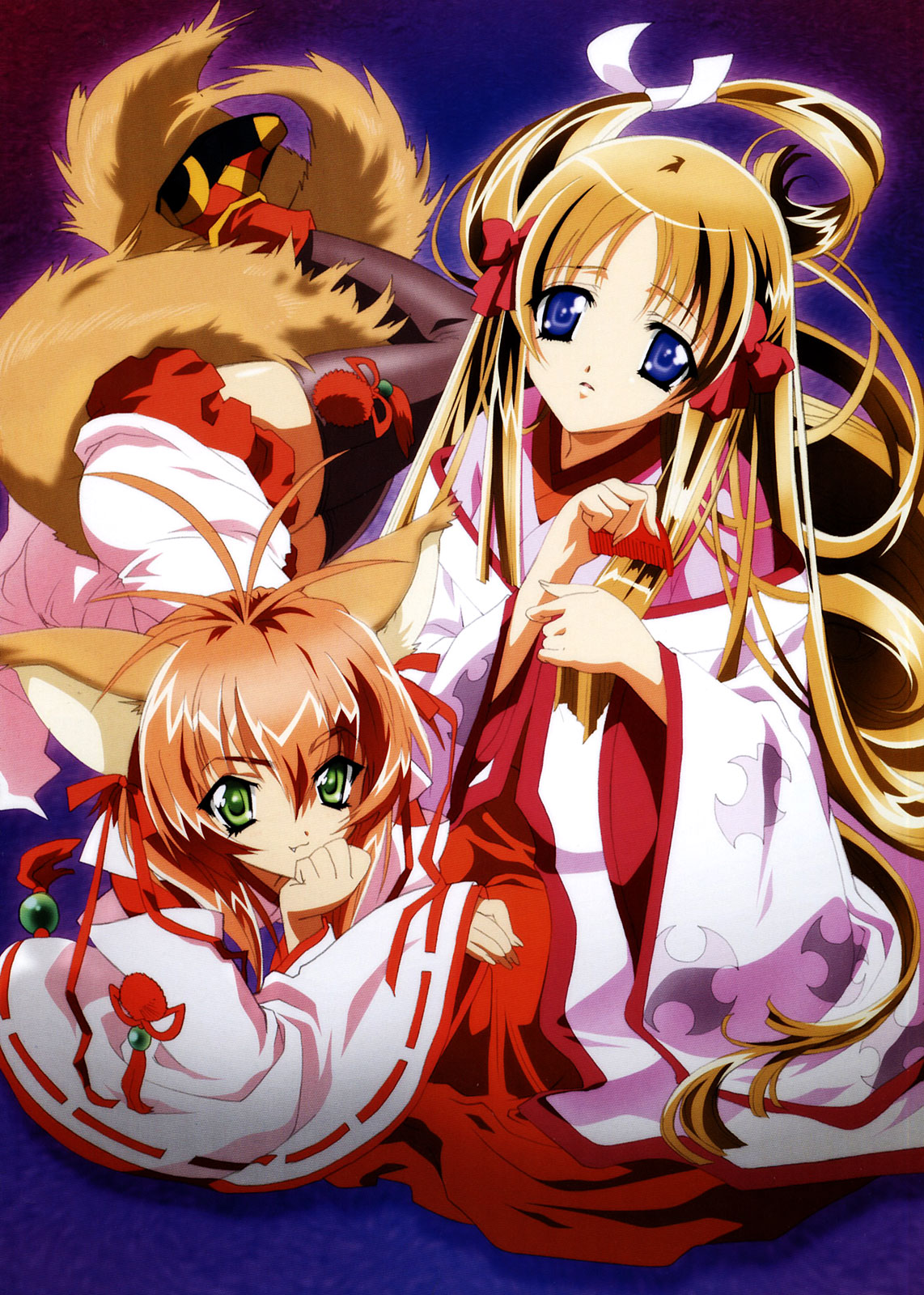 carnelian, nishida asako, azuma hatsumi, fujihime, meirin (yamibou), yami to boushi to hon no tabibito, highres, official art, scan, scan artifacts, 00s, 2girls, animal ears, blonde hair, comb, cover, fox, fox ears, fox tail, hakama, hakama skirt, head rest, japanese clothes, long hair, multiple girls, skirt, tail, thighhighs