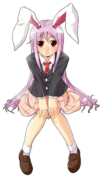 natsumi akira, reisen udongein inaba, touhou, 1girl, animal ears, female focus, full body, rabbit ears, simple background, sitting, solo, white background
