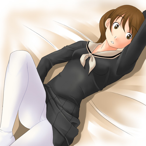 toshifumi, fukuzawa yumi, maria-sama ga miteru, lowres, 00s, 1girl, brown eyes, brown hair, female focus, lying, panties, panties under pantyhose, pantyhose, pantyshot, school uniform, serafuku, solo, twintails, underwear, white pantyhose