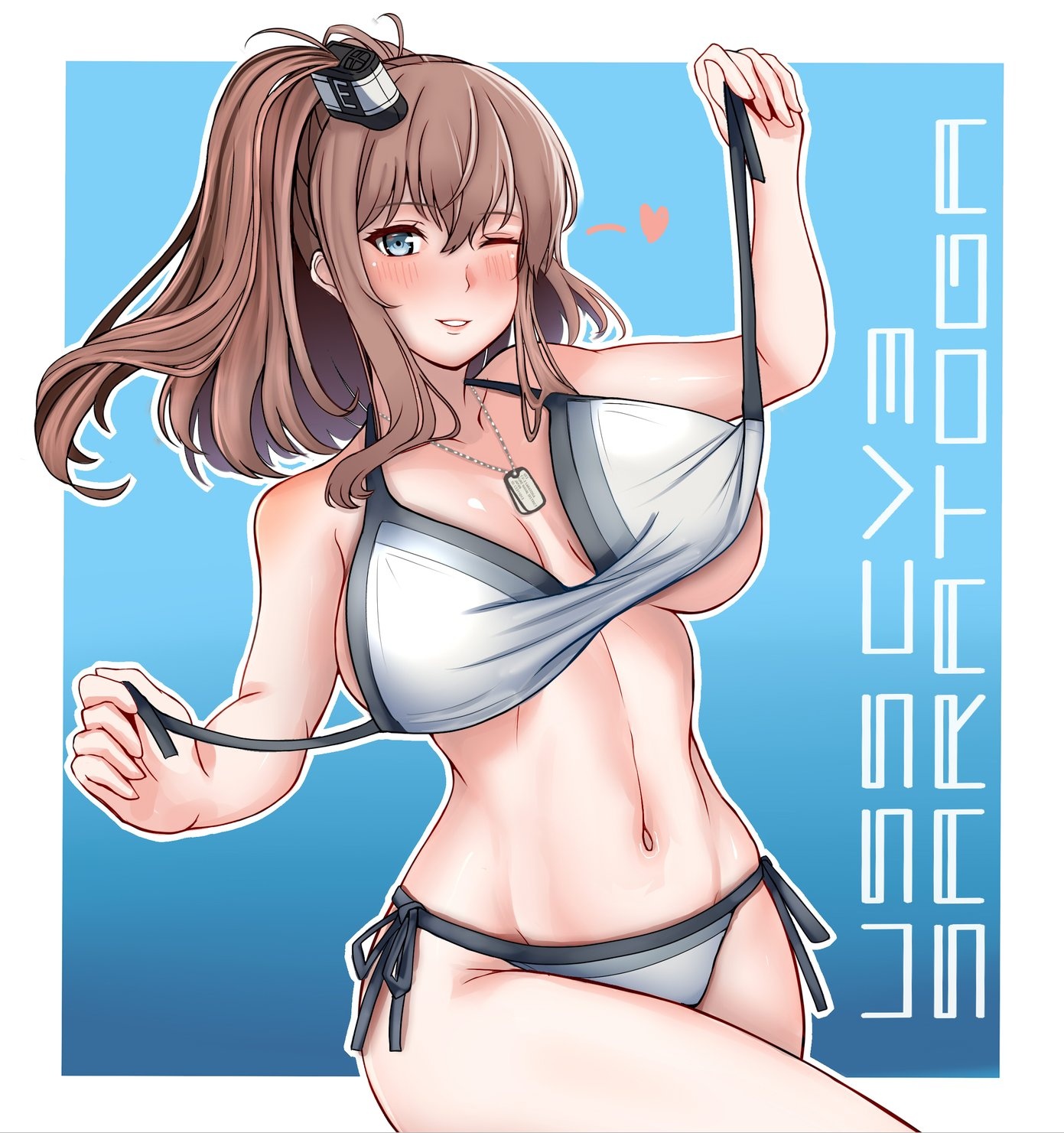 r31harutan, saratoga (kancolle), kantai collection, highres, 1girl, bikini, blue background, blue eyes, breasts, breasts apart, brown hair, hair ornament, large breasts, navel, one eye closed, open mouth, ponytail, side ponytail, simple background, smile, solo, string bikini, swimsuit, teeth, underboob, white bikini
