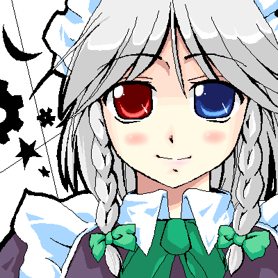 natsumi akira, izayoi sakuya, touhou, silver hair, lowres, 1girl, blush, braid, female focus, heterochromia, oekaki, short hair, solo, twin braids
