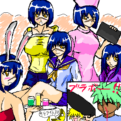 mutou kazuki, tsumura tokiko, busou renkin, lowres, 00s, animal ears, blue hair, nurse, rabbit ears, scar, school uniform, serafuku, yellow eyes