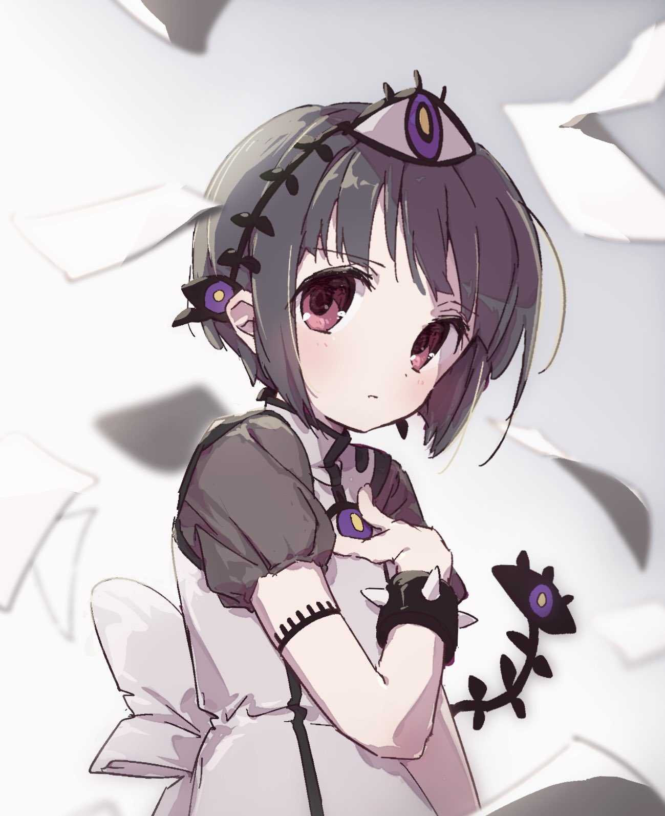 boro (tn-boro), mahou shoujo ikusei keikaku, mahou shoujo ikusei keikaku f2p, highres, 1girl, alma (mahoiku), black hair, bow, bowtie, eye hair ornament, falling paper, hair ornament, hand on own chest, looking at viewer, magical girl, paper, red eyes, short hair, white bow, white bowtie