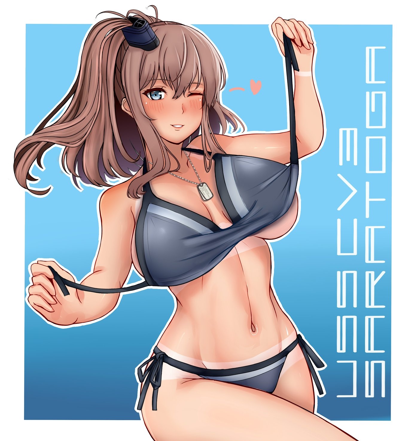 r31harutan, saratoga (kancolle), kantai collection, highres, variant set, 1girl, bikini, blue background, blue bikini, blue eyes, breasts, breasts apart, brown hair, hair ornament, large breasts, navel, one eye closed, open mouth, ponytail, side ponytail, simple background, smile, solo, string bikini, swimsuit, tan, tanline, teeth, underboob, white bikini