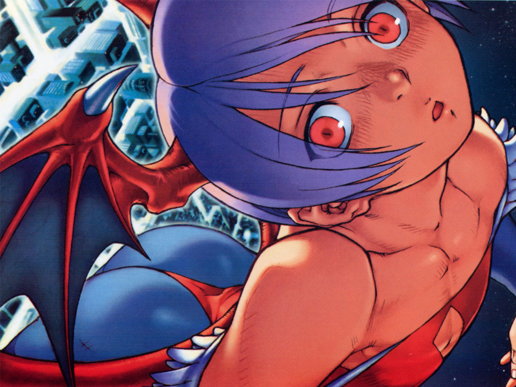 edaki shin'ya, lilith (darkstalkers), capcom, darkstalkers, official art, 1girl, blue pantyhose, demon girl, female focus, flat chest, head wings, leotard, long bangs, pantyhose, print pantyhose, red leotard, retro artstyle, solo, wings
