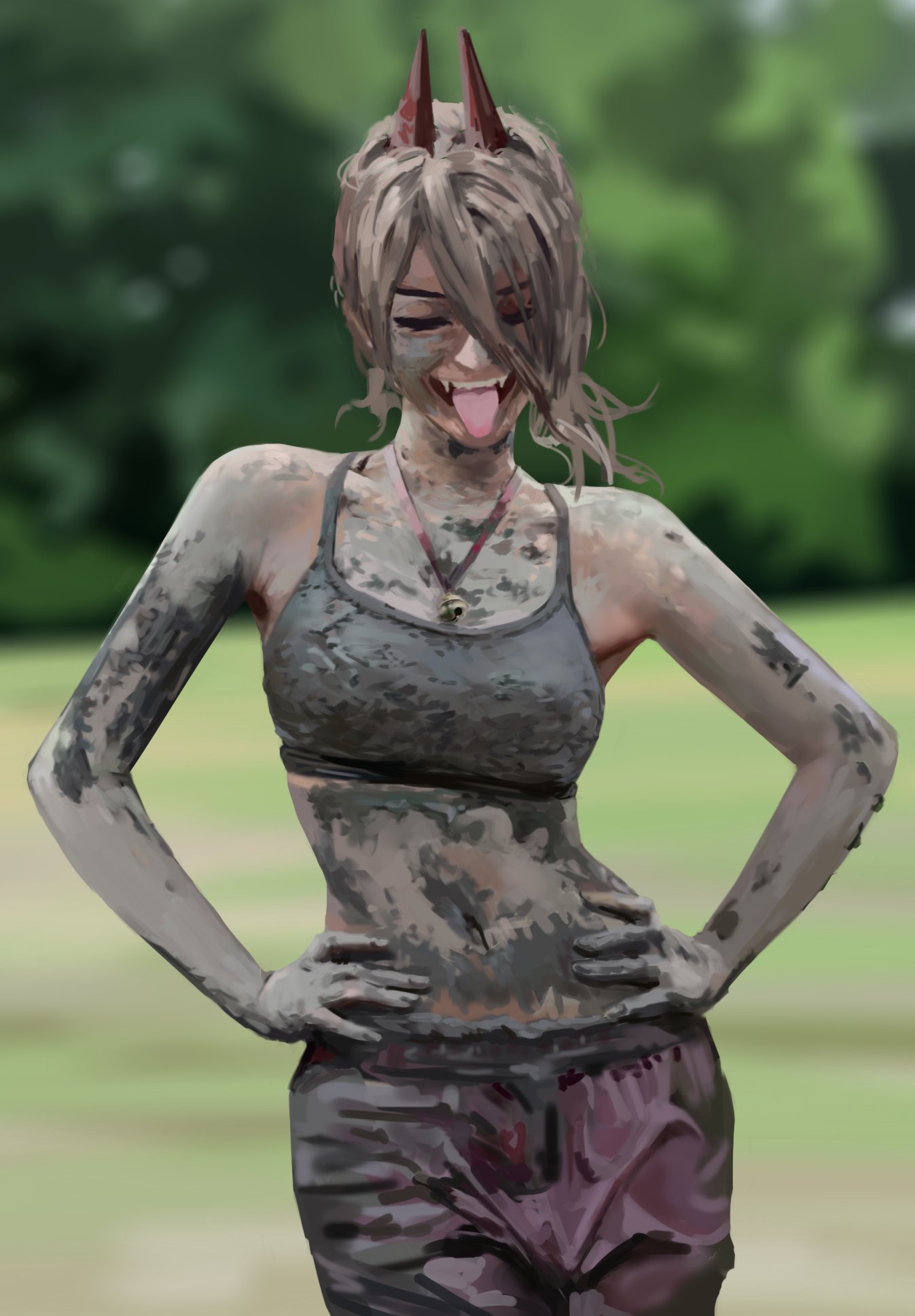 dana (ocana dana), power (chainsaw man), chainsaw man, commentary, english commentary, highres, photo-referenced, 1girl, blurry, blurry background, closed eyes, demon girl, demon horns, dirty, dirty clothes, dirty face, fangs, grey sports bra, hands on own hips, horns, jewelry, mud, navel, necklace, open mouth, outdoors, pants, purple pants, red horns, solo, sports bra, teeth, tongue, tongue out, upper teeth only