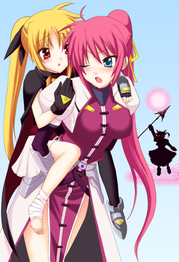 saki chisuzu, fate testarossa, fate testarossa (lightning form), raising heart, raising heart (exelion mode), signum, takamachi nanoha, lyrical nanoha, mahou shoujo lyrical nanoha, mahou shoujo lyrical nanoha a's, winged footwear, 00s, 3girls, age difference, bandages, barefoot, belt, blonde hair, blue eyes, cape, carrying, child, energy ball, fingerless gloves, gloves, jacket, long hair, magic circle, magical girl, multiple girls, one eye closed, onee-loli, open clothes, open jacket, piggyback, pink hair, ponytail, red eyes, shoes, silhouette, single fingerless glove, twintails, very long hair, waist cape, white devil, wings, wink, yuri