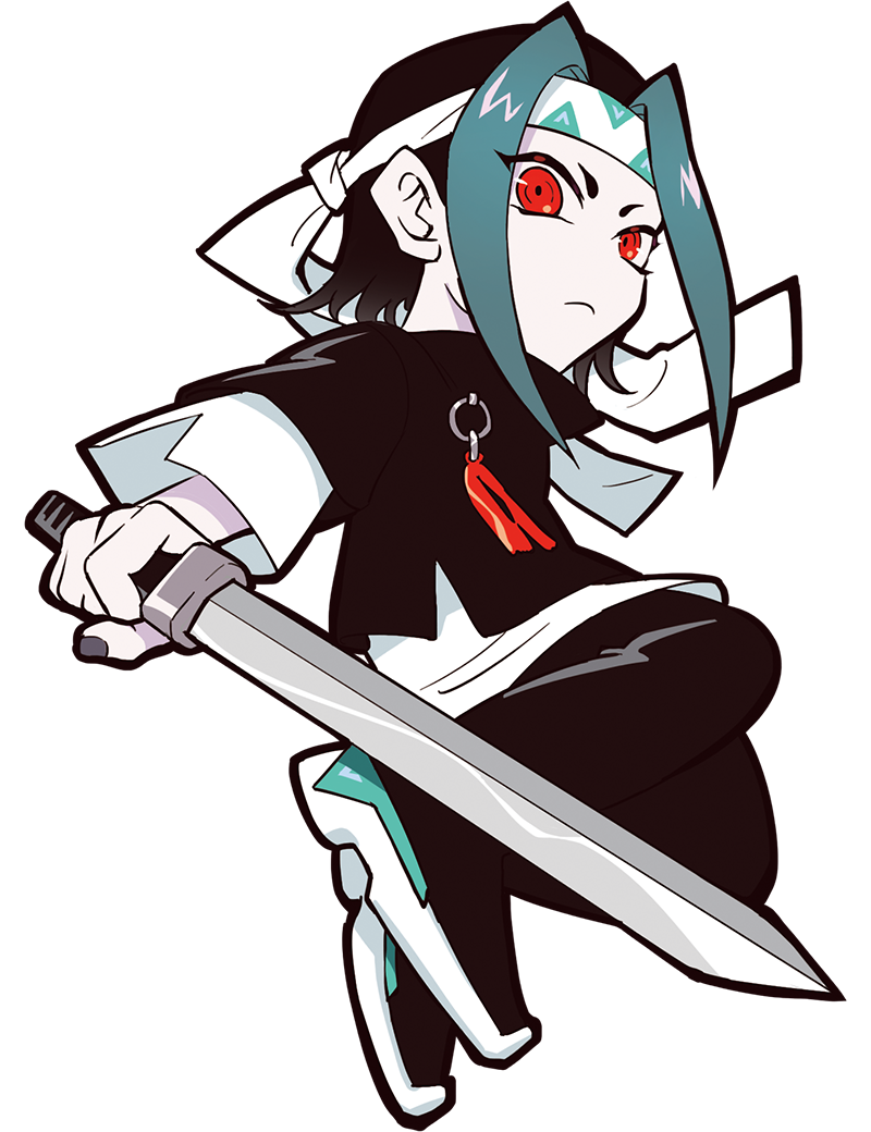 puppeteer7777, crazy raccoon, official art, second-party source, 1boy, anime coloring, aqua shoes, black hair, black pants, black shirt, black shoes, black sleeves, blue hair, blue shoes, eyelashes, eyelashes through hair, from side, frown, full body, gradient hair, grey nails, hair intakes, headband, holding, holding sword, holding weapon, layered sleeves, long sleeves, looking at viewer, male focus, moya (crazy raccoon), multicolored hair, nail polish, no nose, o-ring, pale skin, pants, red eyes, shirt, shoes, short hair, short over long sleeves, short sleeves, sleeve slit, solo, sword, tachi-e, tassel, thick lineart, transparent background, two-tone hair, undershirt, weapon, white headband, white shirt, white undershirt, wide sleeves