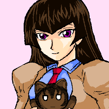 hayasaka ouka, mayaa (azumanga daioh), sakaki (azumanga daioh), azumanga daiou, busou renkin, red neckwear, aliasing, lowres, 00s, 1girl, blue shirt, brown hair, facing viewer, iriomote cat, looking at viewer, necktie, o o, purple eyes, school uniform, shirt, simple background, upper body