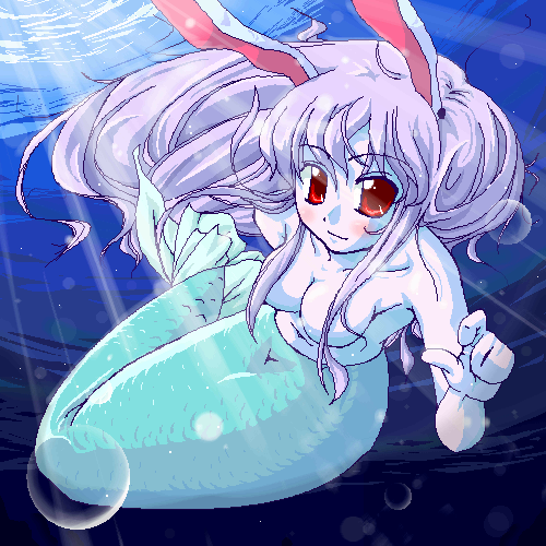 natsumi akira, reisen udongein inaba, touhou, lowres, 1girl, animal ears, blush, bubble, completely nude, female focus, hair censor, hair over breasts, light rays, light smile, long hair, mermaid, monster girl, nude, oekaki, purple hair, rabbit ears, red eyes, solo, sunbeam, sunlight, underwater