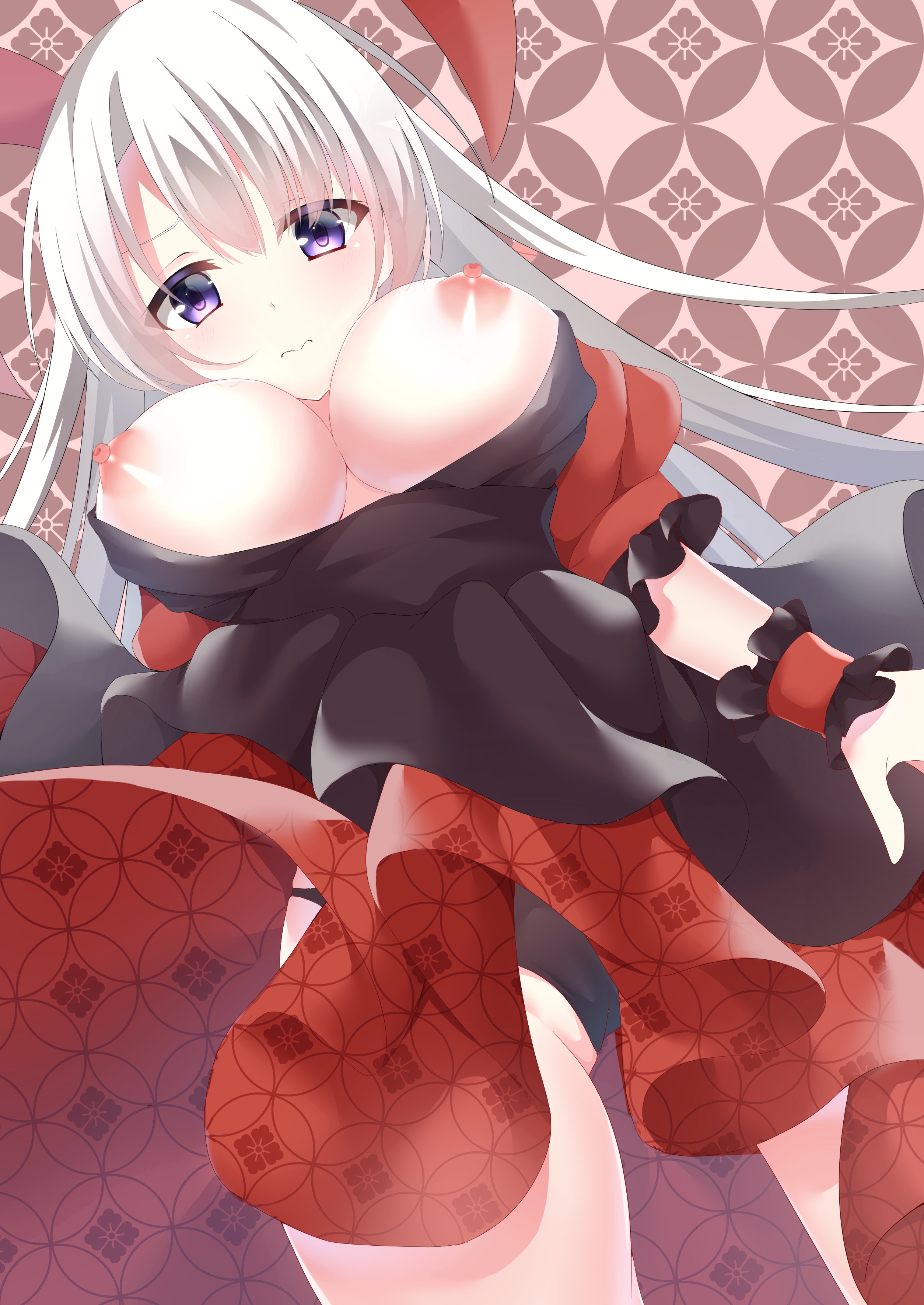 shikoziro, ayachi nene, sanoba witch, absurdres, commentary request, highres, 1girl, 3:, alternate costume, arm at side, black dress, black panties, blush, breasts, breasts out, brown background, cleavage, closed mouth, colored eyelashes, cowboy shot, dress, dutch angle, embarrassed, eyebrows hidden by hair, eyes visible through hair, floral print, floral print dress, foreshortening, frilled sleeves, frilled wrist cuffs, frills, from below, furrowed brow, gluteal fold, grey hair, hair between eyes, large breasts, long hair, looking at viewer, looking down, nipples, no bra, open mouth, panties, print dress, puffy short sleeves, puffy sleeves, purple eyes, red dress, red wrist cuffs, short sleeves, simple background, solo, split mouth, straight hair, two-tone dress, underwear, upskirt, very long hair, wavy mouth, wrist cuffs