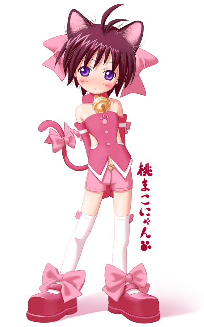 nekopuchi, kikuchi makoto, idolmaster, idolmaster (classic), idolmaster 1, 00s, 1girl, animal ears, antenna hair, bell, blush, bow, cat ears, cat tail, cute & girly (idolmaster), female focus, full body, short hair, simple background, solo, standing, tail, thighhighs, white background