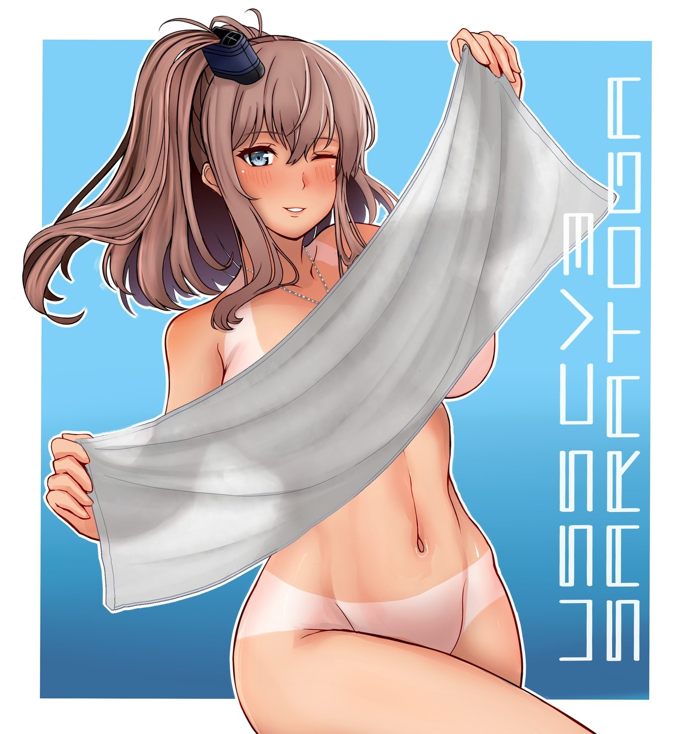 r31harutan, saratoga (kancolle), kantai collection, highres, 1girl, blue background, blue eyes, breasts, breasts apart, brown hair, completely nude, hair ornament, large breasts, naked towel, navel, nude, one eye closed, open mouth, ponytail, side ponytail, simple background, smile, solo, tan, tanline, teeth, towel, underboob