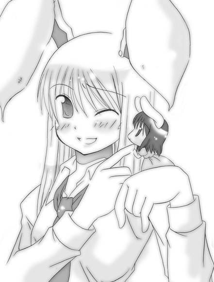 natsumi akira, inaba tewi, reisen udongein inaba, touhou, 2girls, animal ears, blush, breasts, dress, female focus, greyscale, mini person, minigirl, monochrome, multiple girls, rabbit ears, upper body, white background