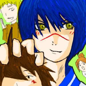 mutou kazuki, tsumura tokiko, busou renkin, lowres, 00s, blue hair, brown hair, scar, school uniform, serafuku, yellow eyes