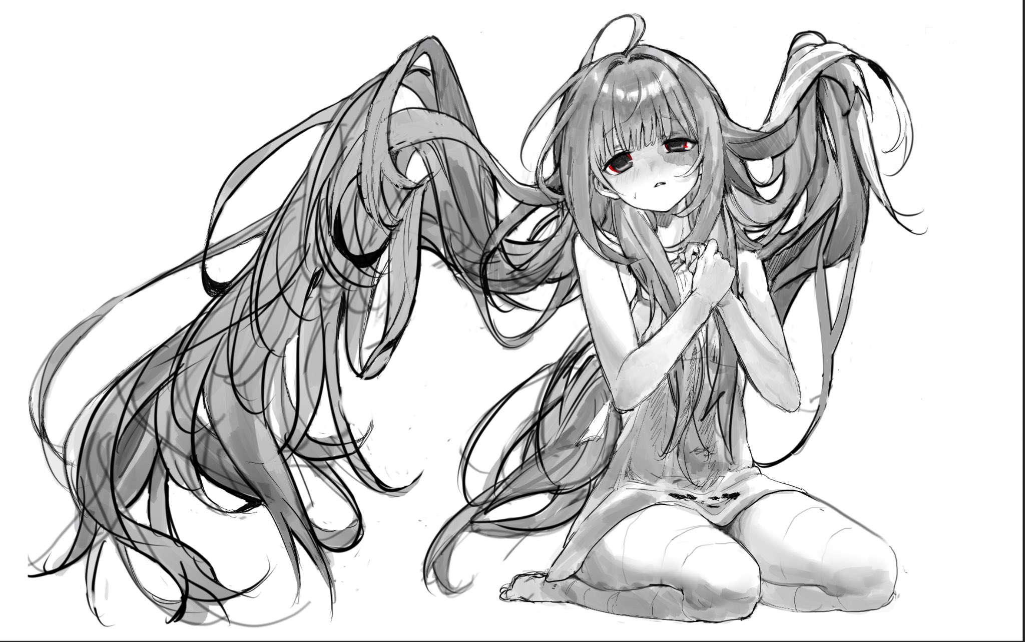 h5e6n, copyright request, highres, 1girl, absurdly long hair, blunt bangs, blush, dress, greyscale, hair wings, long hair, monochrome, sitting, solo, spot color, very long hair