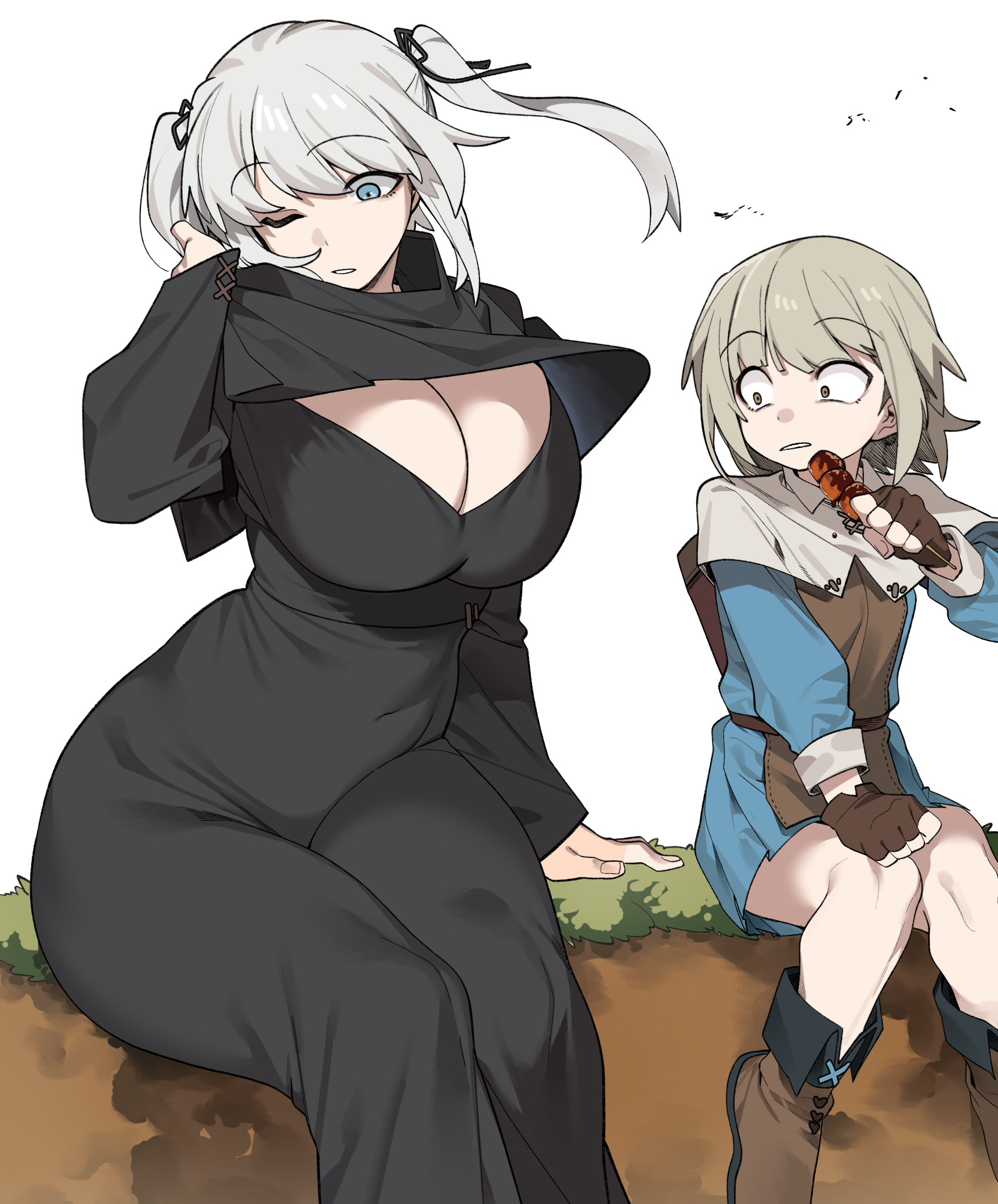 urec, original, character request, highres, tagme, 2girls, blonde hair, blue eyes, breasts, cleavage, food, grass, holding, holding food, large breasts, looking at another, looking down, multiple girls, nun, on grass, short twintails, sitting, twintails, white background, white hair